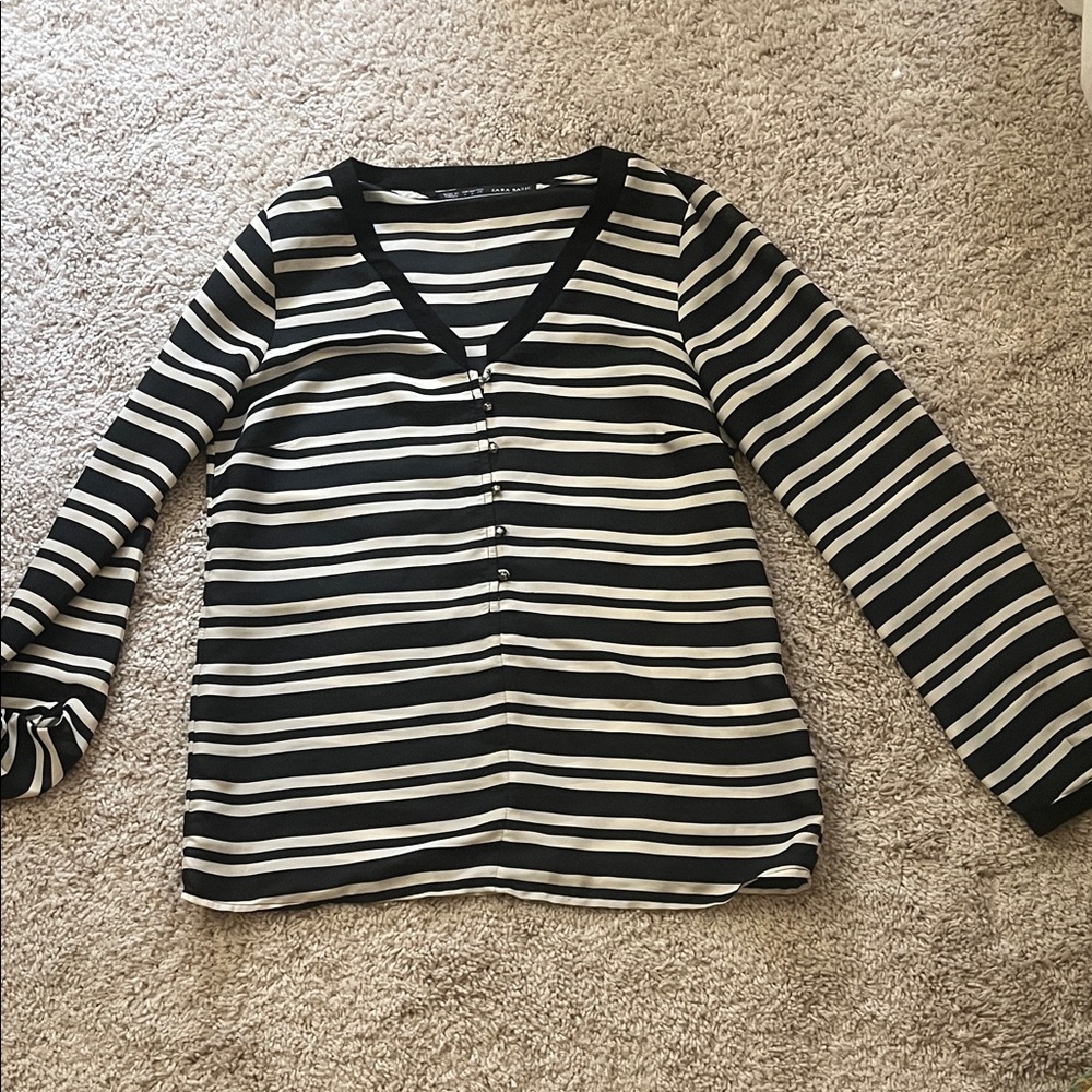 Zara Black and White Striped Button Down Shirt